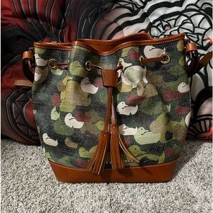 Dooney and Bourke camouflage duck drawstring bucket bag